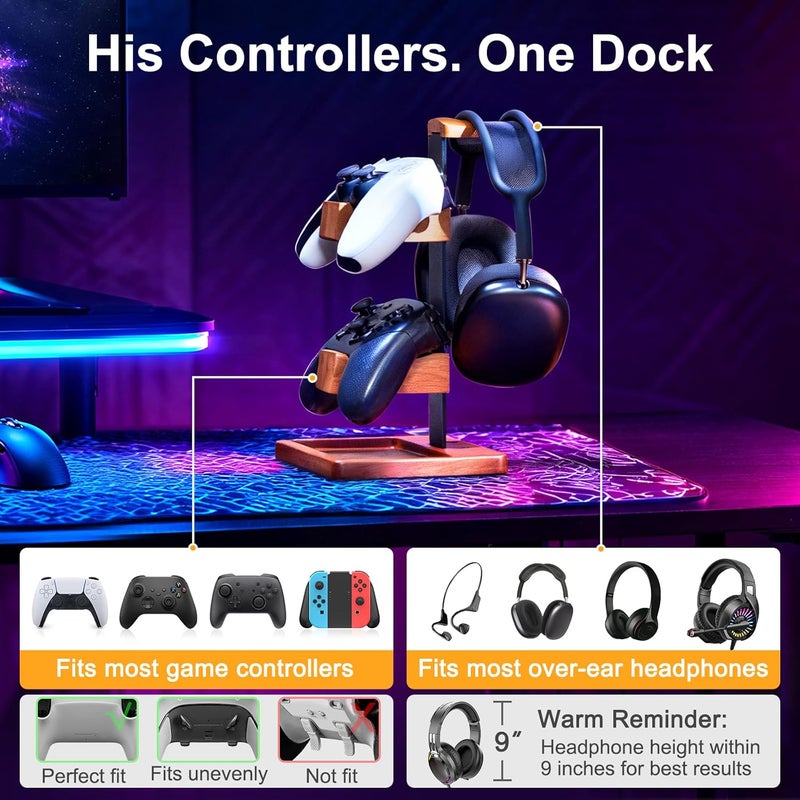 HUMANCOZY Solid Wood Controller Holder and Headphone Stand, Gaming Controller Stand for Desk, Dual Controller Organizer Rack, Fits Xbox, PS4, PS5, Gamepad, Headset Holder for Son, Husband, Boyfriend - Image 4